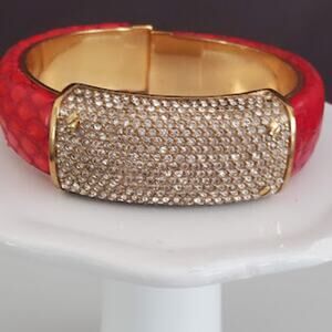Henri Bendel Cuff Bracelet Red Snakeskin Double Hinged with Crystals Gold Plated